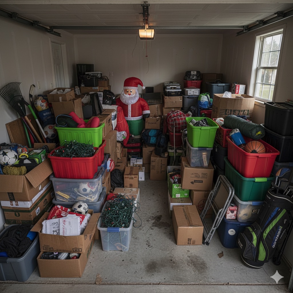 Cluttered garage with no room for cars