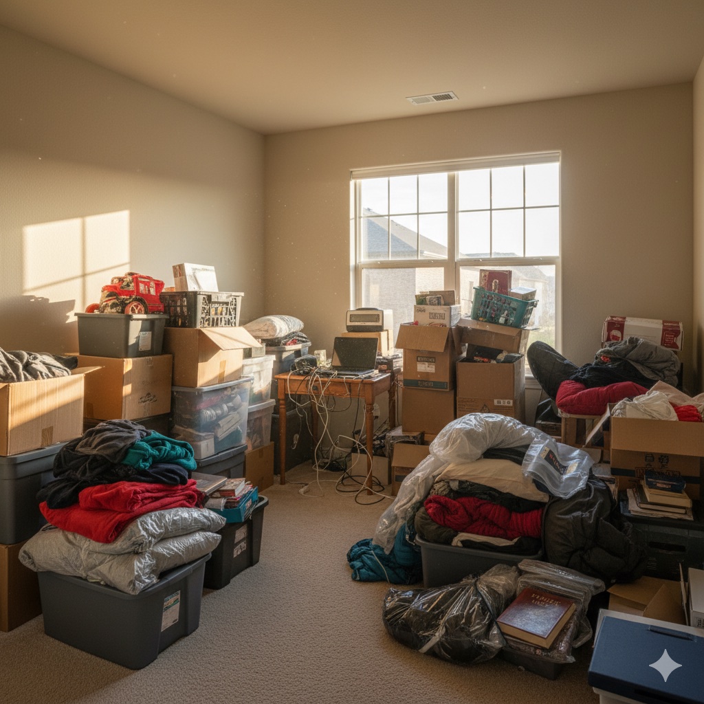 Spare room filled with storage boxes