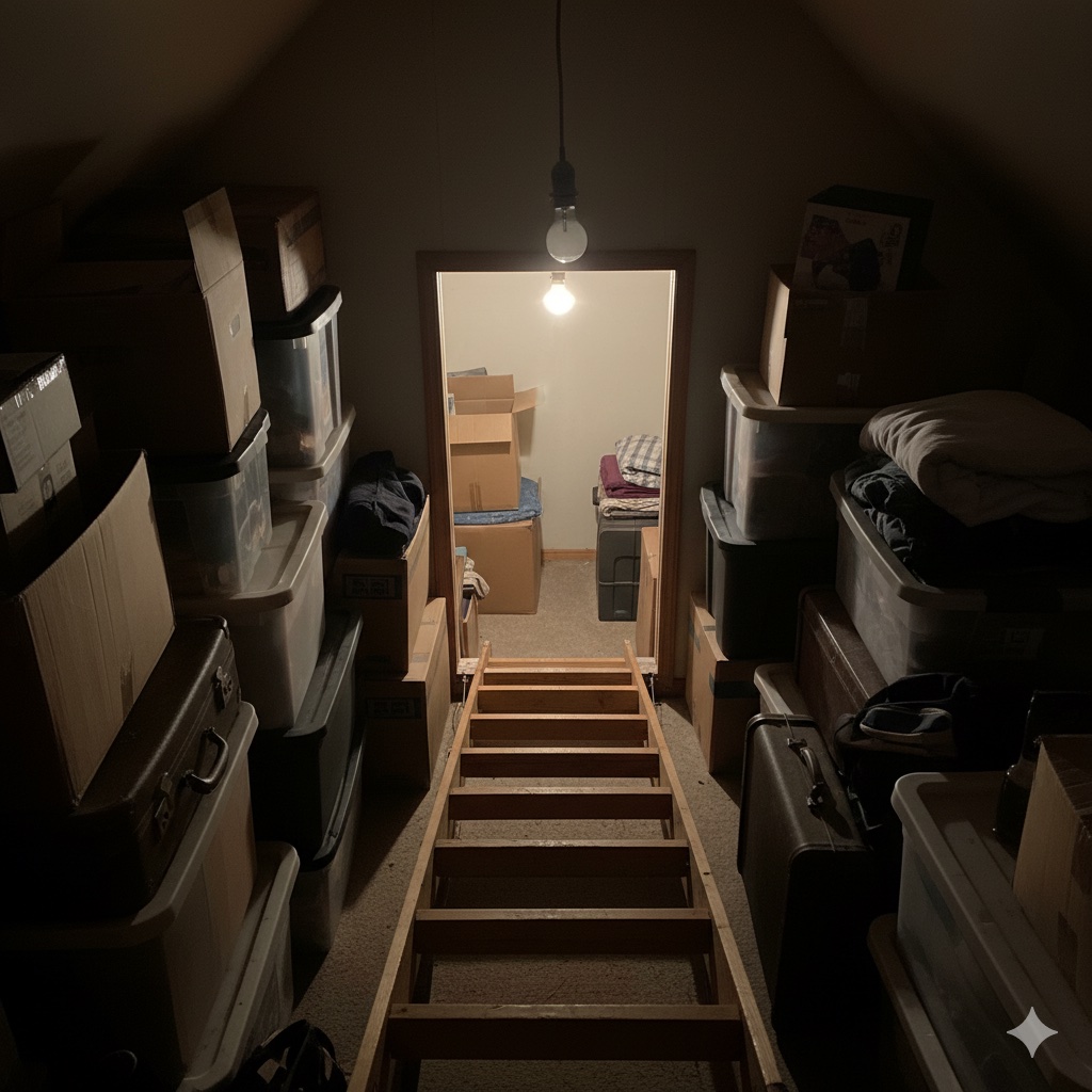 Dangerous attic filled with boxes